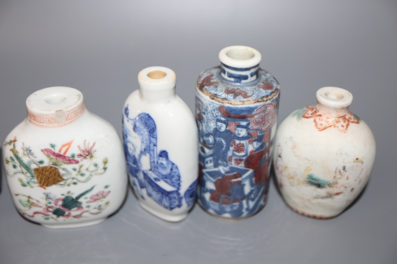 Five 19th century Chinese porcelain snuff bottles and a smoky quartz snuff bottle